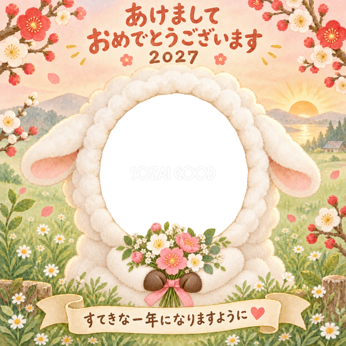 花束を持つ羊の写真年賀状｜2027未年・かわいい羊の無料イラスト 98496