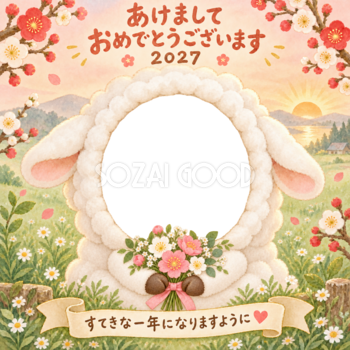 花束を持つ羊の写真年賀状｜2027未年・かわいい羊の無料イラスト 98496