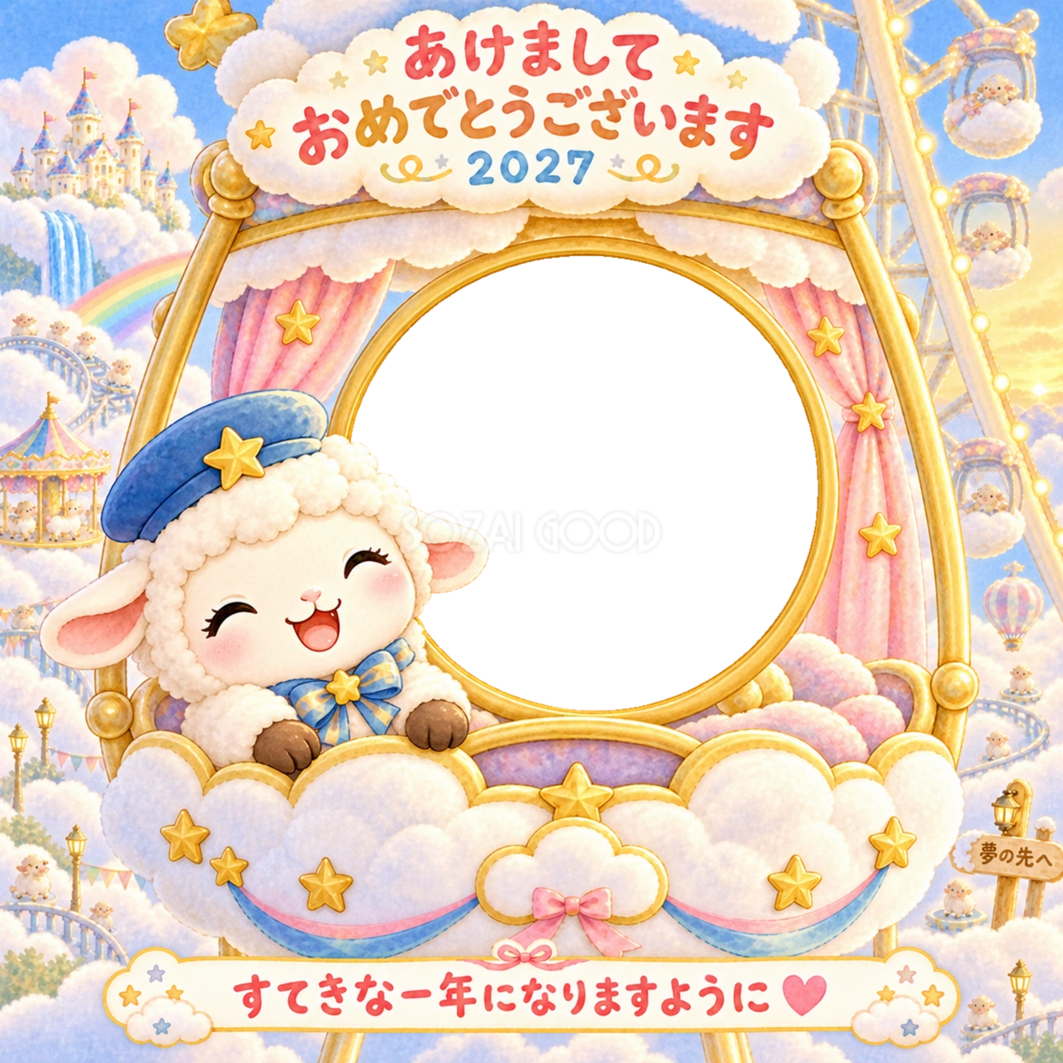 雲の遊園地の写真年賀状｜2027未年・かわいい羊の無料イラスト 98497