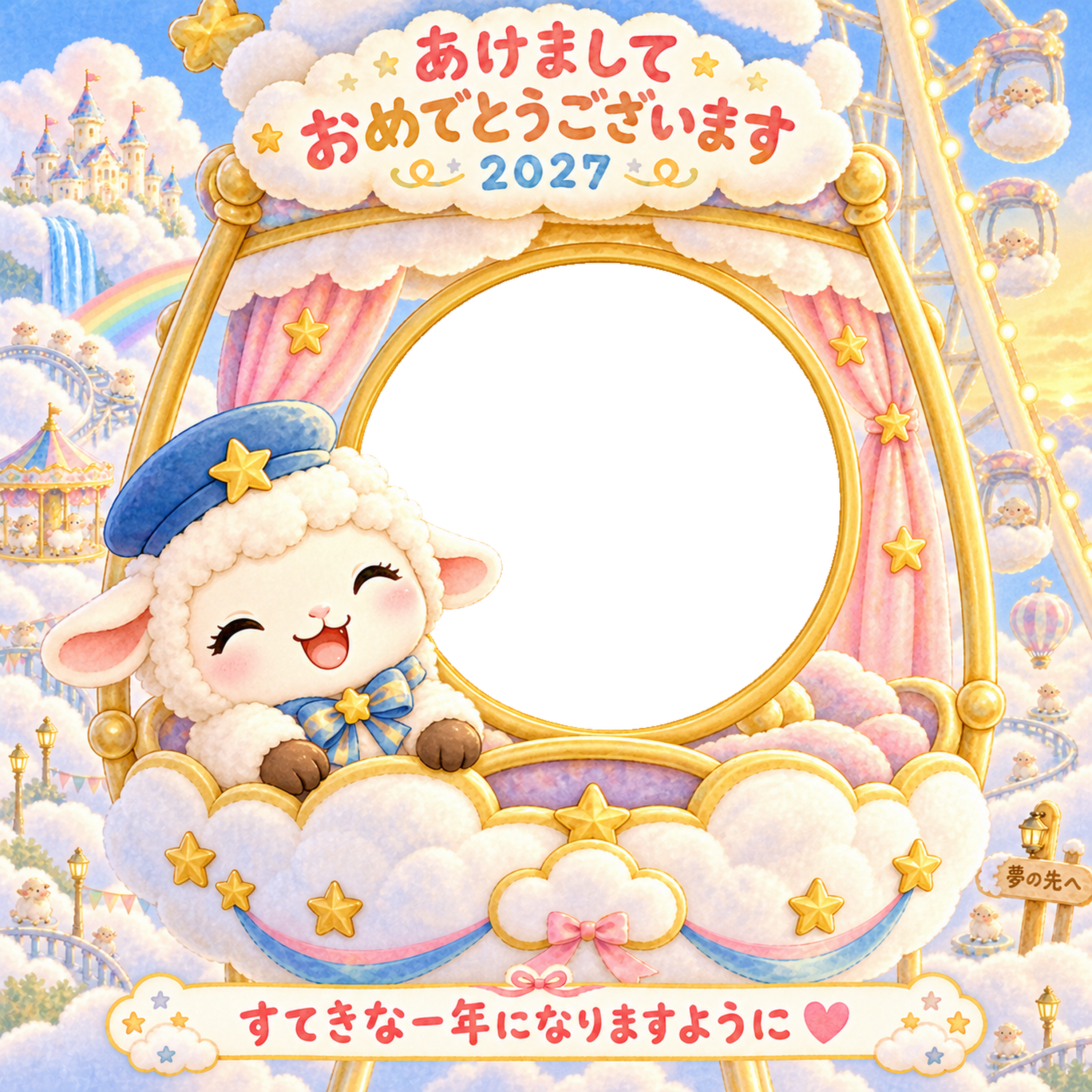 雲の遊園地の写真年賀状｜2027未年・かわいい羊の無料イラスト 98497に写真・文字を入れる