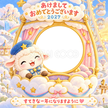 雲の遊園地の写真年賀状｜2027未年・かわいい羊の無料イラスト 98497