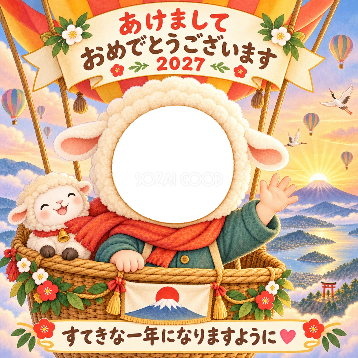 気球で初日の出の写真年賀状｜2027未年・かわいい羊の無料イラスト 98498