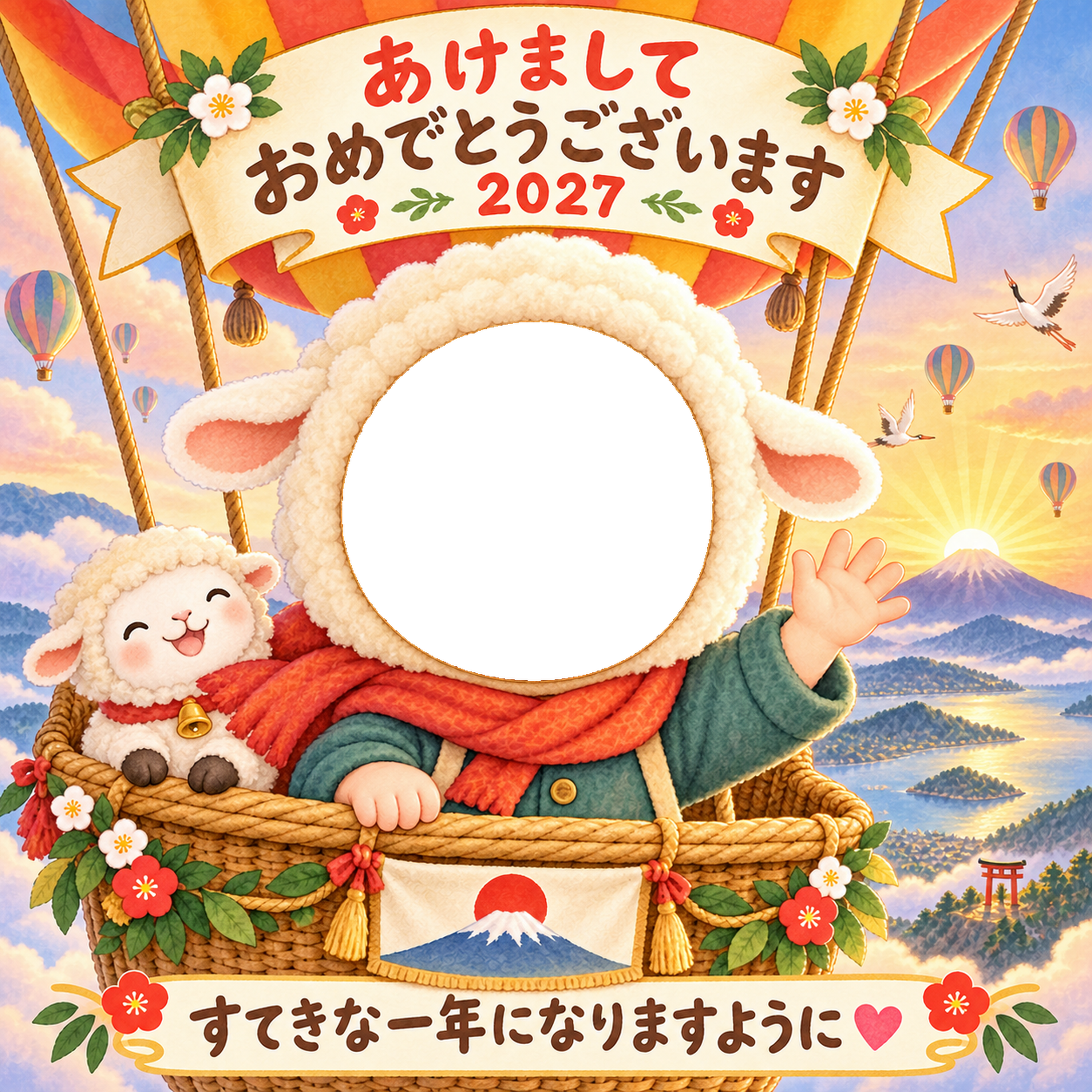 気球で初日の出の写真年賀状｜2027未年・かわいい羊の無料イラスト 98498に写真・文字を入れる