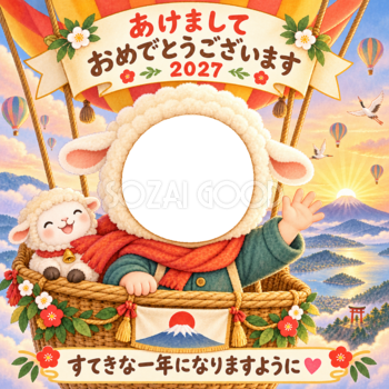 気球で初日の出の写真年賀状｜2027未年・かわいい羊の無料イラスト 98498