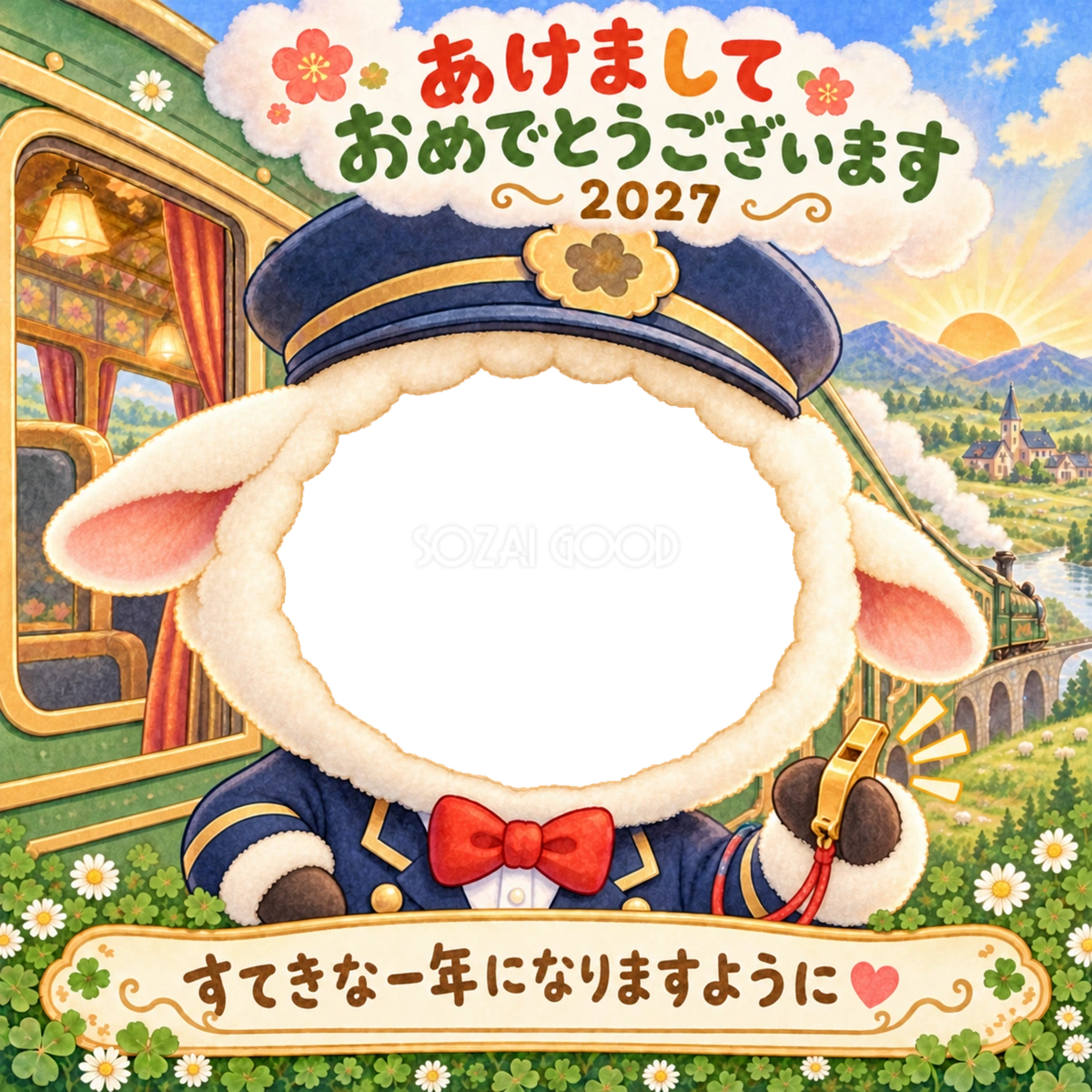 新年列車の車掌さんの写真年賀状|2027未年・かわいい羊の無料イラスト 98499