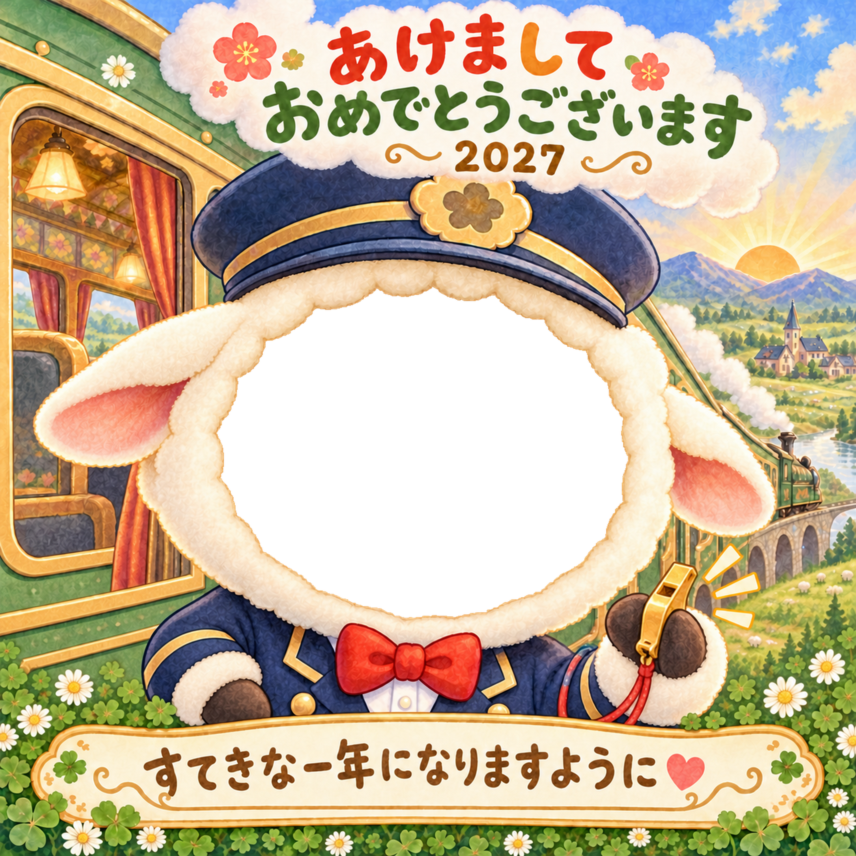 新年列車の車掌さんの写真年賀状｜2027未年・かわいい羊の無料イラスト 98499に写真・文字を入れる