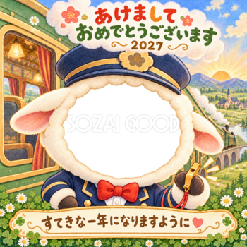 新年列車の車掌さんの写真年賀状｜2027未年・かわいい羊の無料イラスト 98499