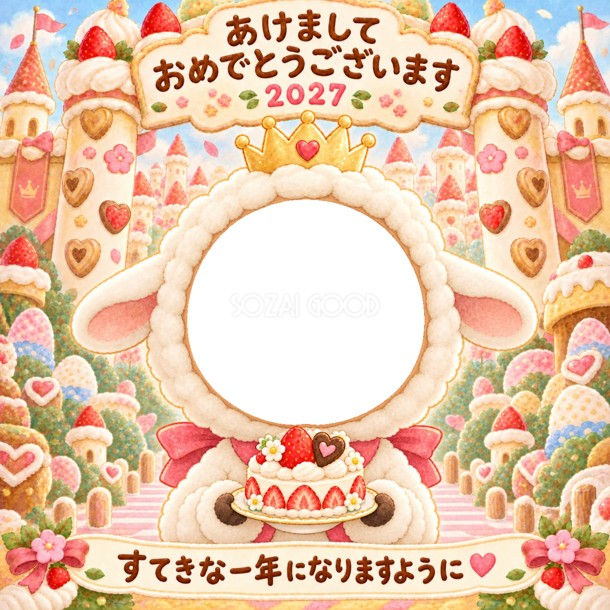 お菓子のお城の写真年賀状|2027未年・かわいい羊の無料イラスト 98500