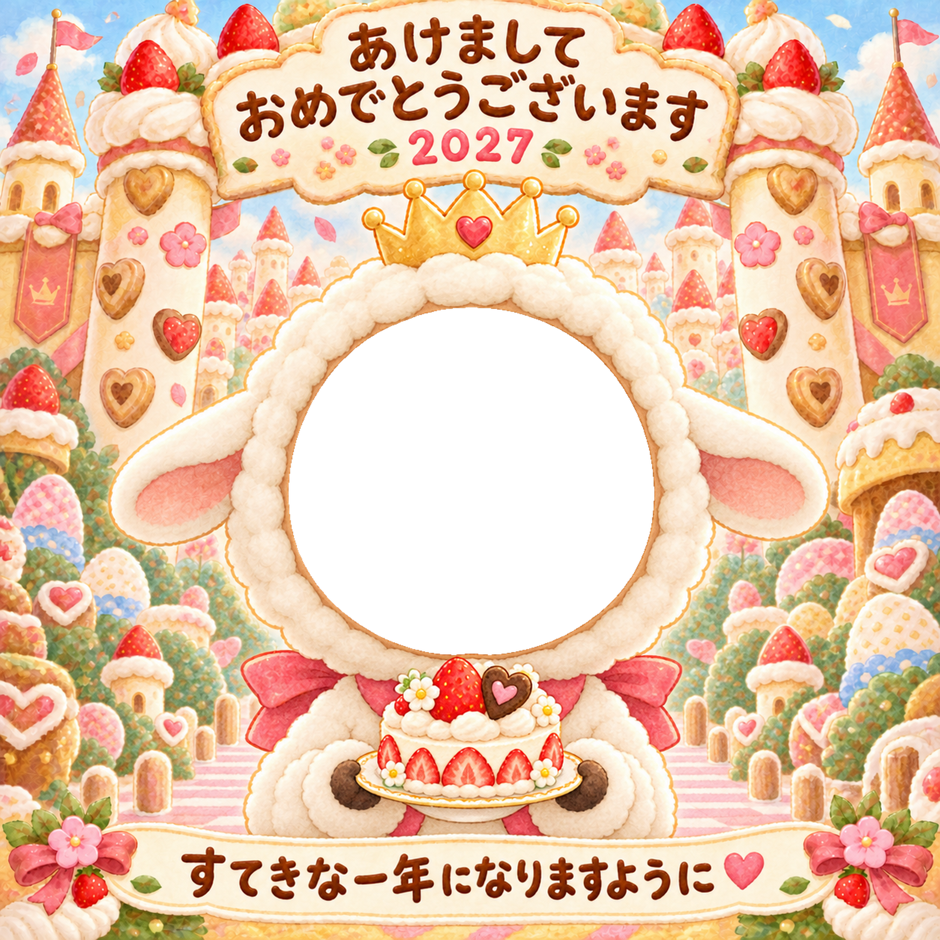 お菓子のお城の写真年賀状｜2027未年・かわいい羊の無料イラスト 98500に写真・文字を入れる