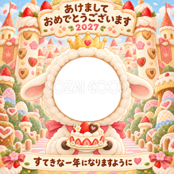 お菓子のお城の写真年賀状｜2027未年・かわいい羊の無料イラスト 98500