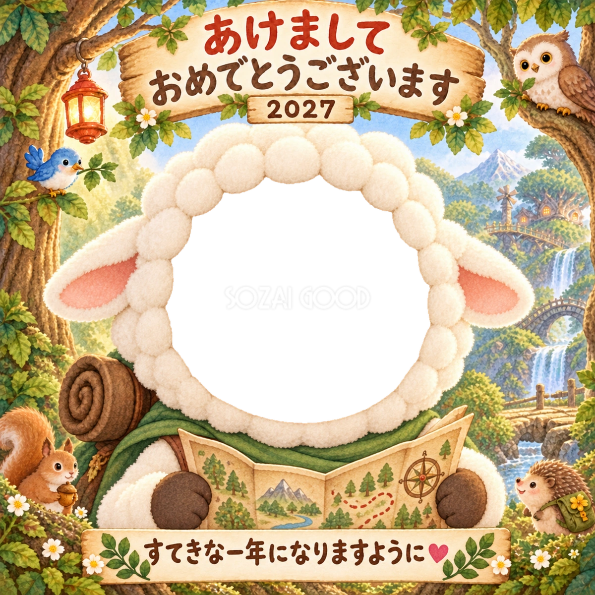 森の絵本の探検家の写真年賀状|2027未年・かわいい羊の無料イラスト 98501