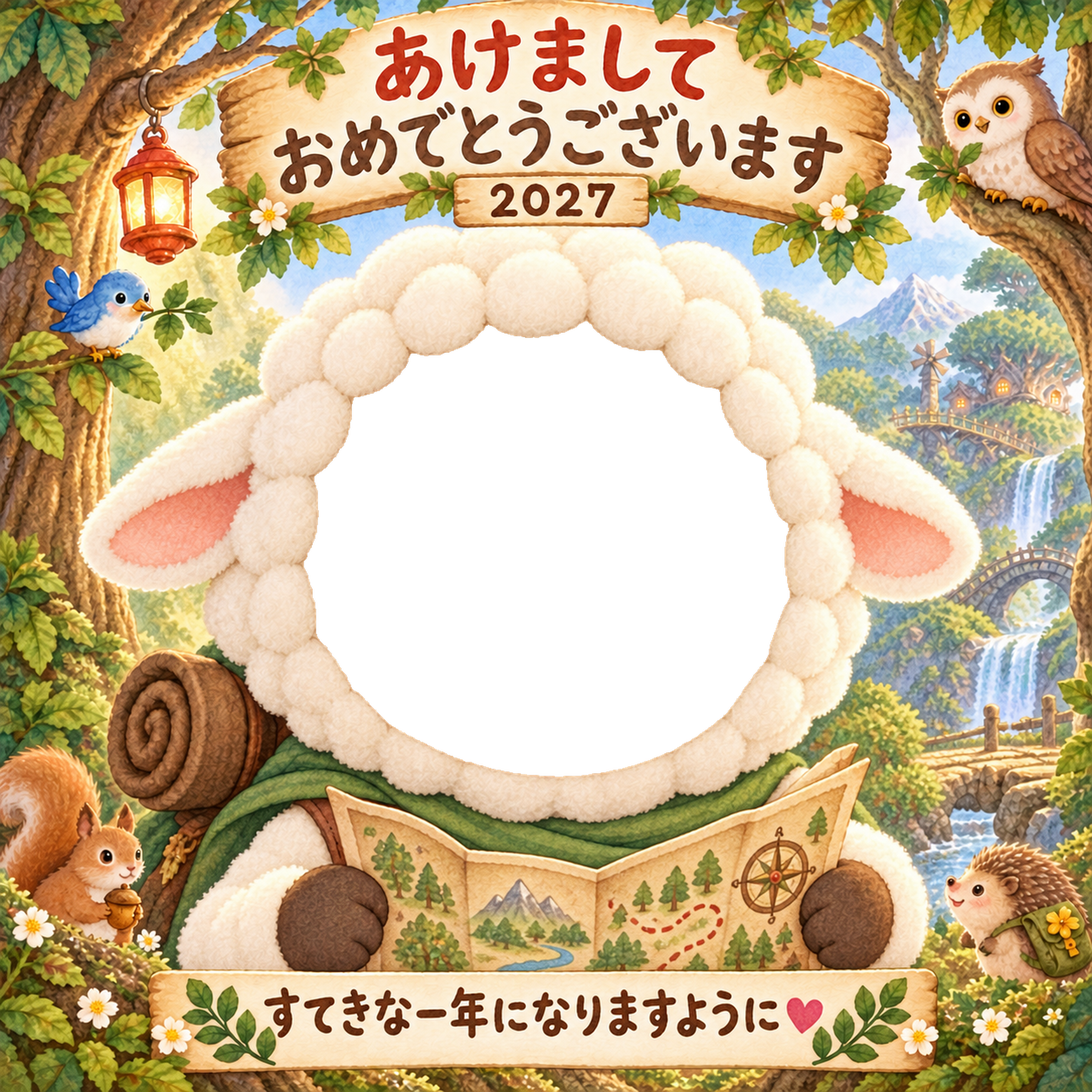 森の絵本の探検家の写真年賀状｜2027未年・かわいい羊の無料イラスト 98501に写真・文字を入れる