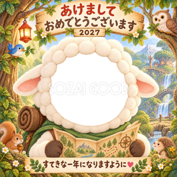 森の絵本の探検家の写真年賀状｜2027未年・かわいい羊の無料イラスト 98501