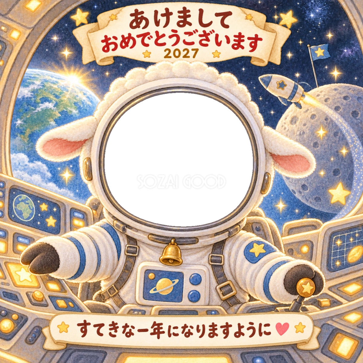 宇宙の冒険の写真年賀状｜2027未年・かわいい羊の無料イラスト 98502