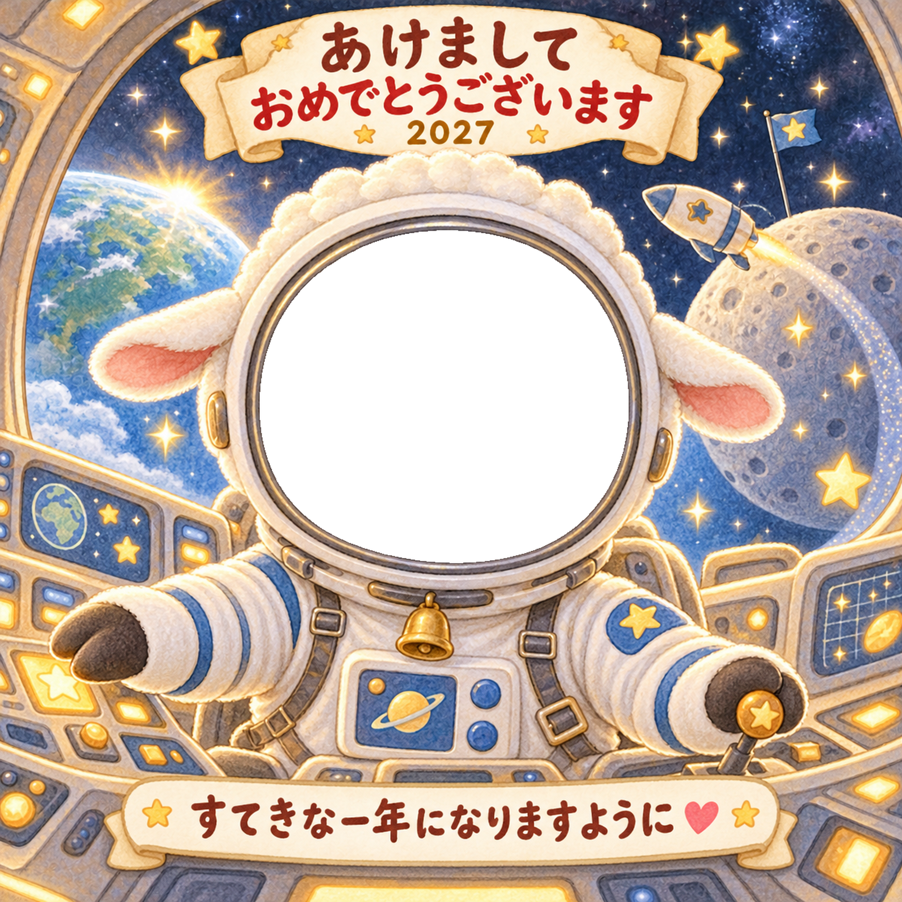 宇宙の冒険の写真年賀状｜2027未年・かわいい羊の無料イラスト 98502に写真・文字を入れる