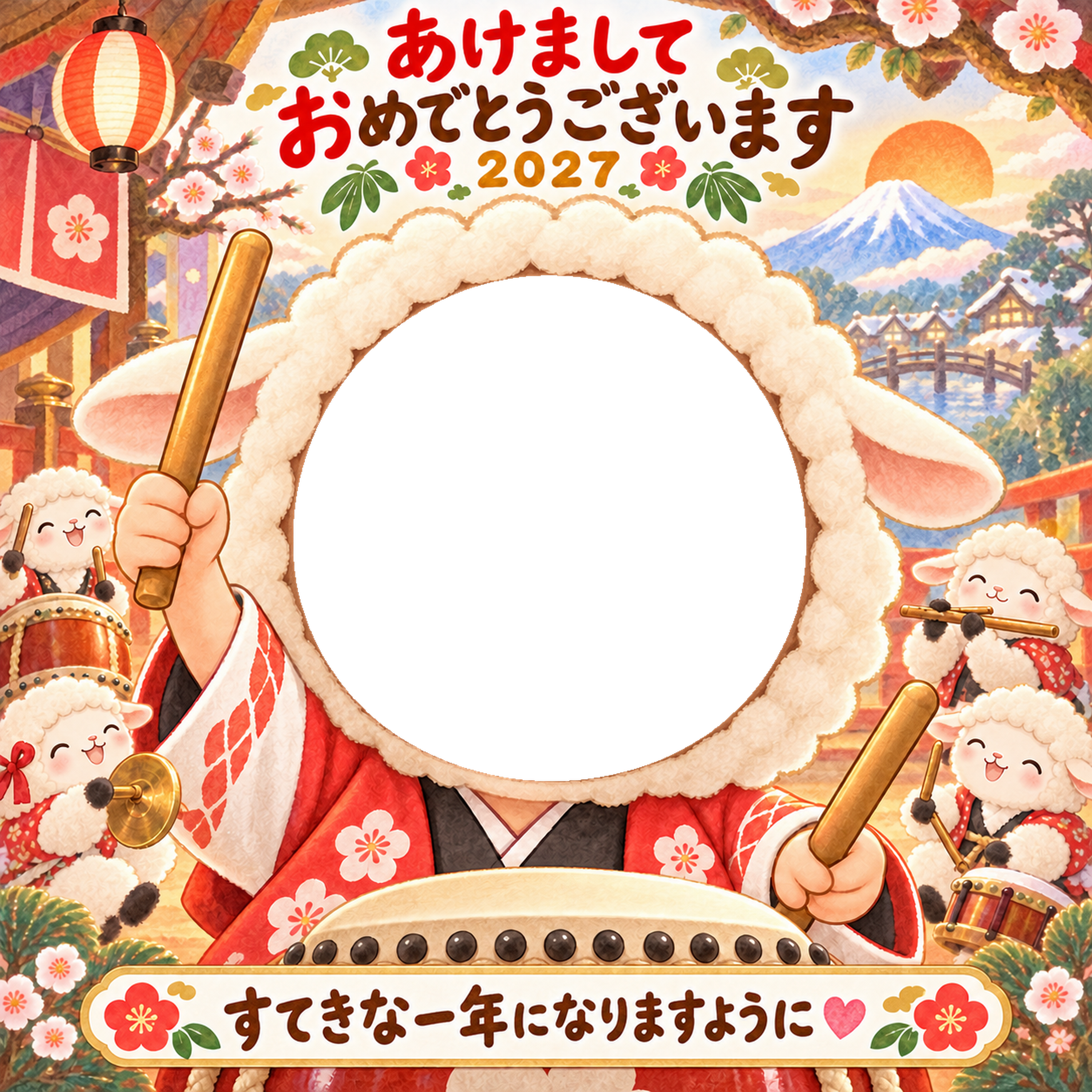小さな音楽会の写真年賀状｜2027未年・かわいい羊の無料イラスト 98503に写真・文字を入れる