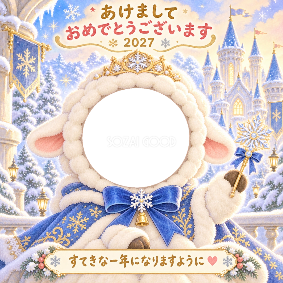 雪のお城の写真年賀状|2027未年・かわいい羊の無料イラスト 98504