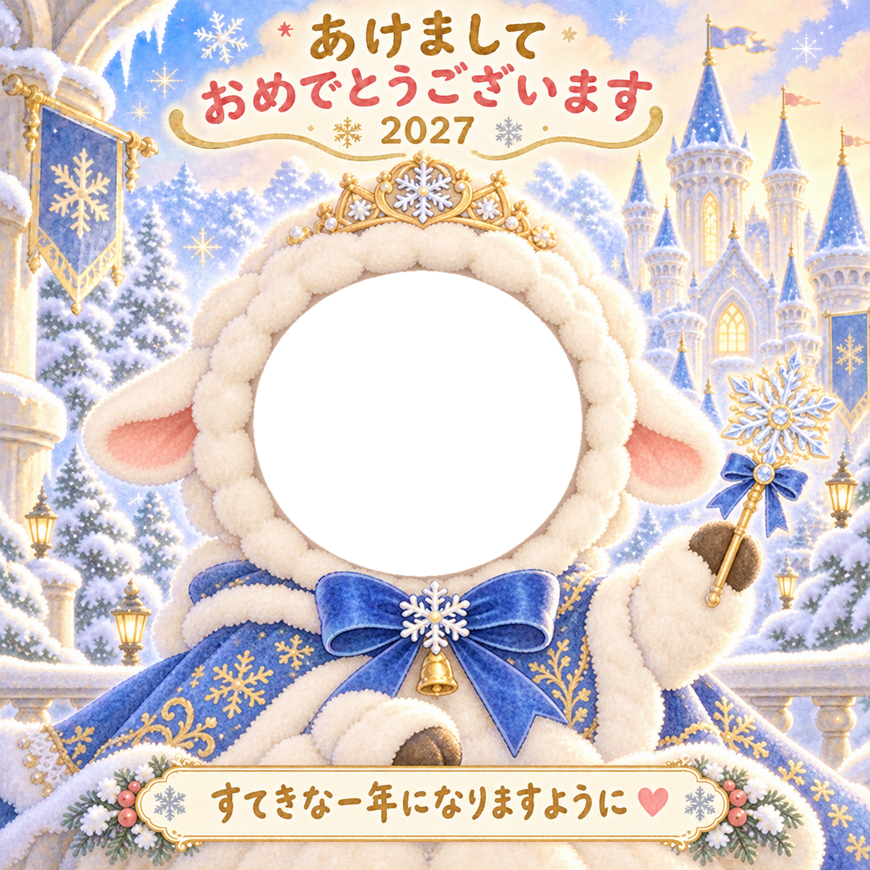 雪のお城の写真年賀状｜2027未年・かわいい羊の無料イラスト 98504に写真・文字を入れる