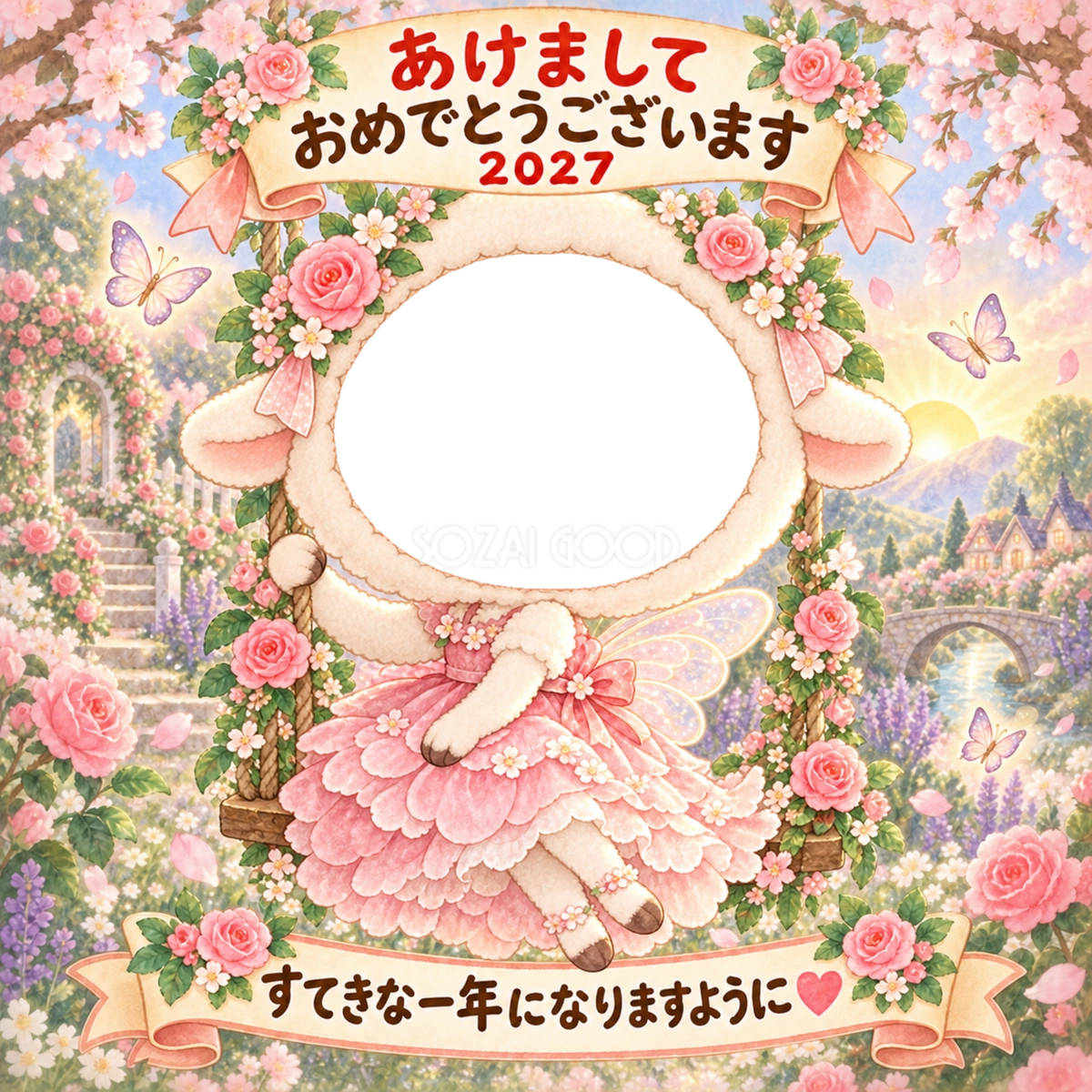 花のブランコの妖精の写真年賀状|2027未年・かわいい羊の無料イラスト 98505