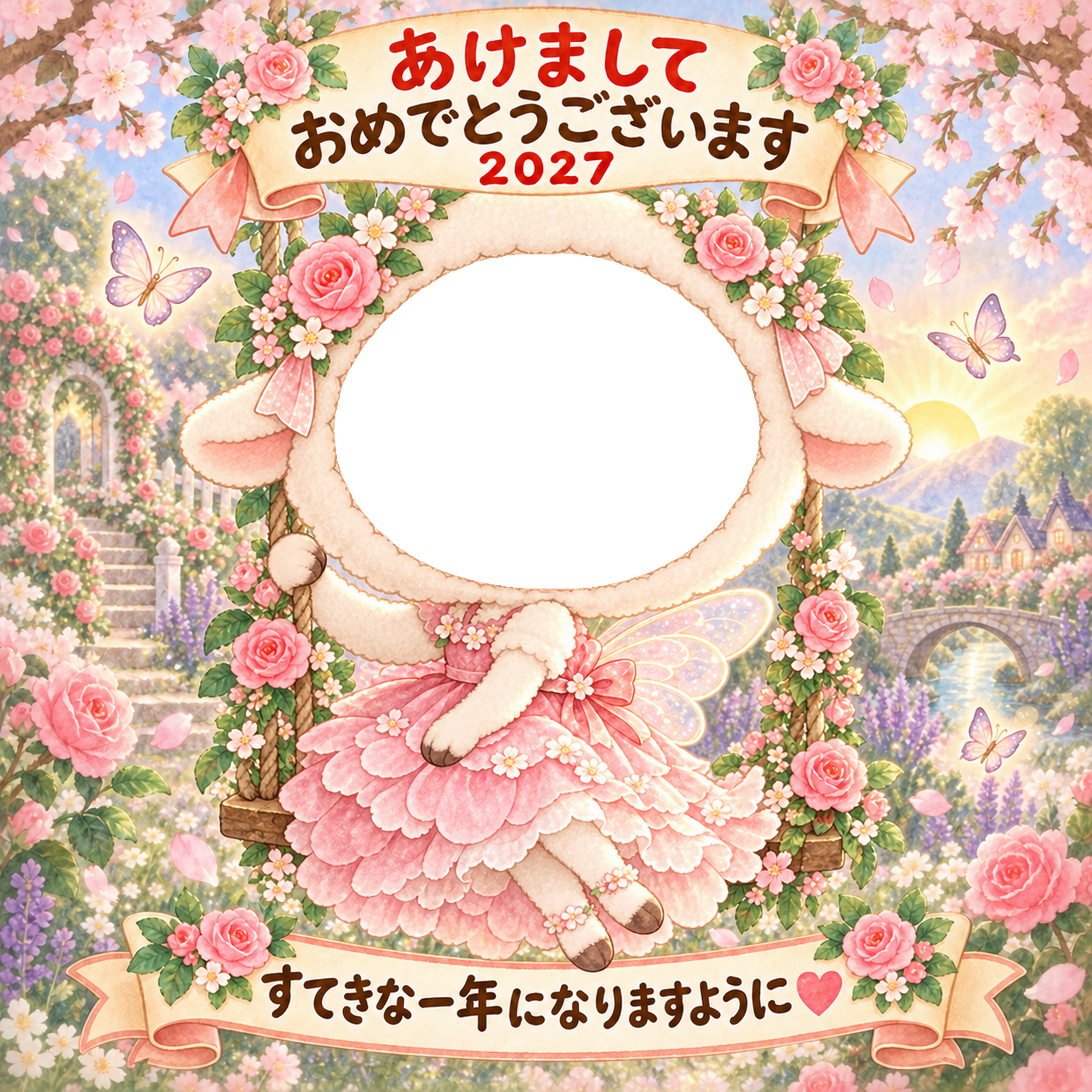 花のブランコの妖精の写真年賀状｜2027未年・かわいい羊の無料イラスト 98505に写真・文字を入れる