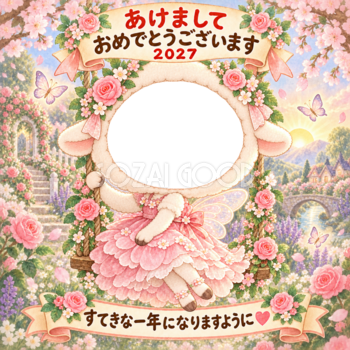 花のブランコの妖精の写真年賀状｜2027未年・かわいい羊の無料イラスト 98505