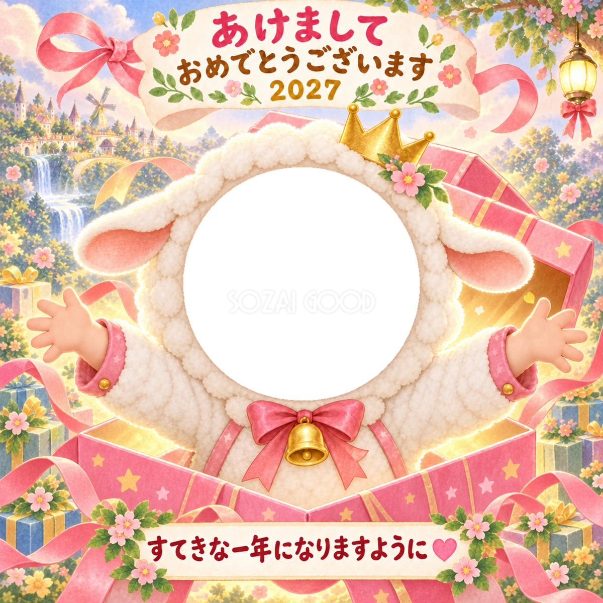 びっくりプレゼントの写真年賀状|2027未年・かわいい羊の無料イラスト 98506