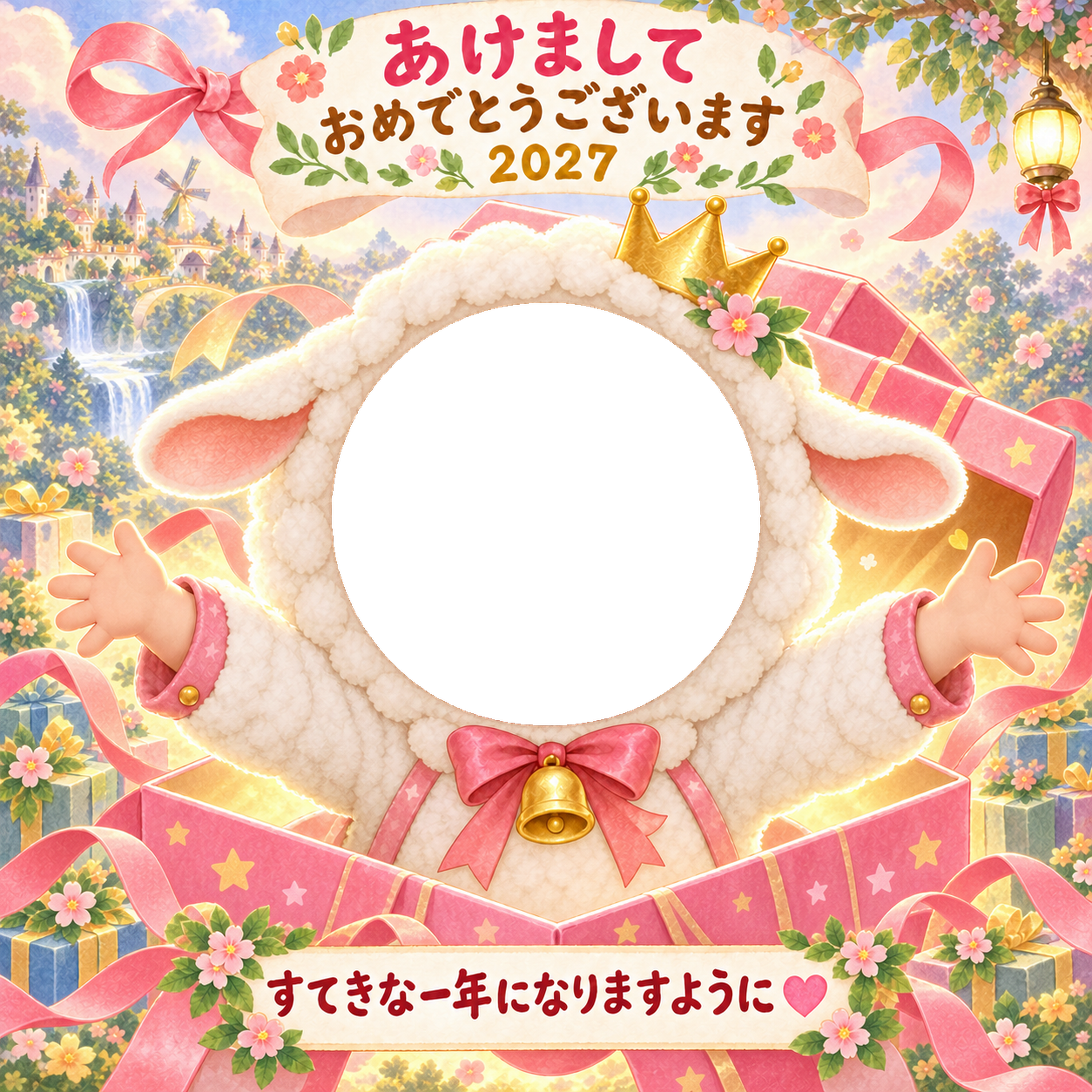 びっくりプレゼントの写真年賀状｜2027未年・かわいい羊の無料イラスト 98506に写真・文字を入れる