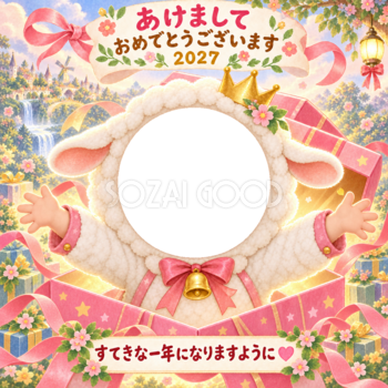 びっくりプレゼントの写真年賀状｜2027未年・かわいい羊の無料イラスト 98506
