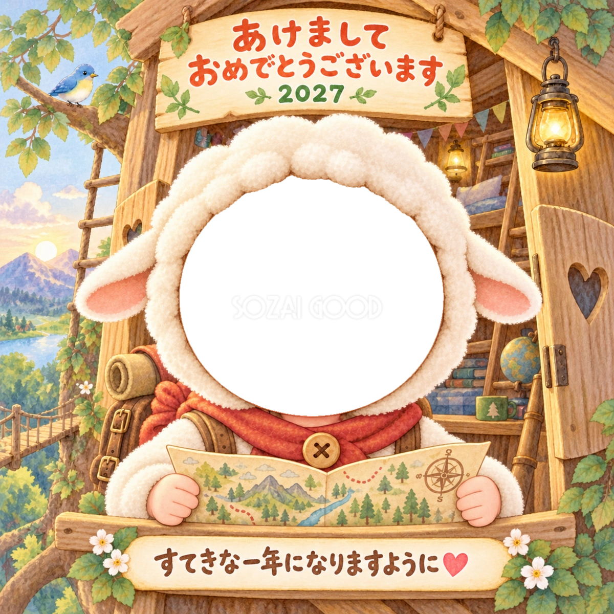 木の秘密基地の写真年賀状｜2027未年・かわいい羊の無料イラスト 98507
