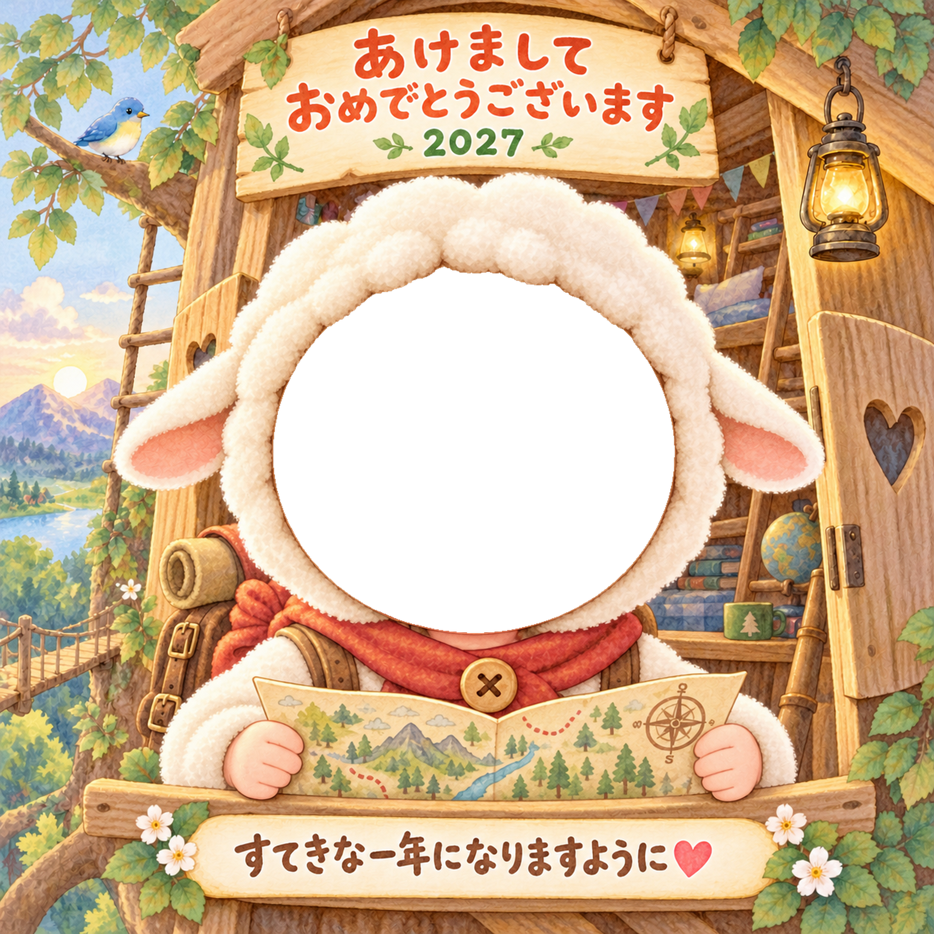 木の秘密基地の写真年賀状｜2027未年・かわいい羊の無料イラスト 98507に写真・文字を入れる