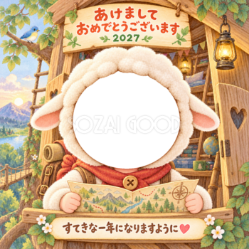 木の秘密基地の写真年賀状｜2027未年・かわいい羊の無料イラスト 98507