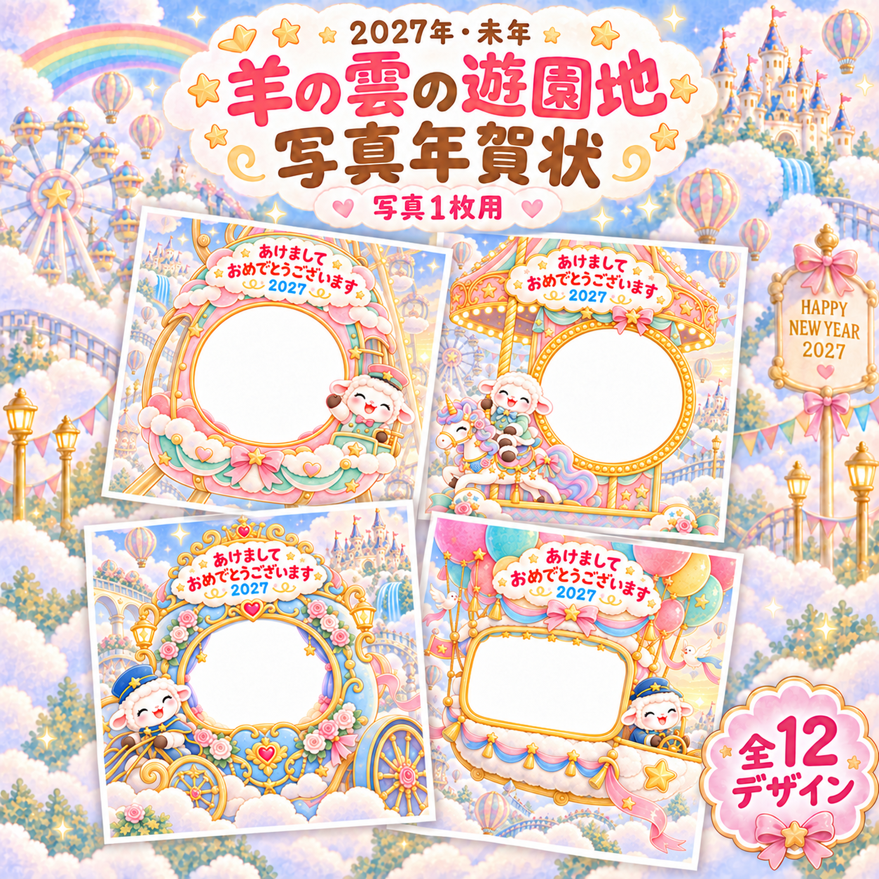 羊の雲の遊園地写真年賀状12選｜2027未年・子ども向けのかわいい無料イラスト 98508に写真・文字を入れる