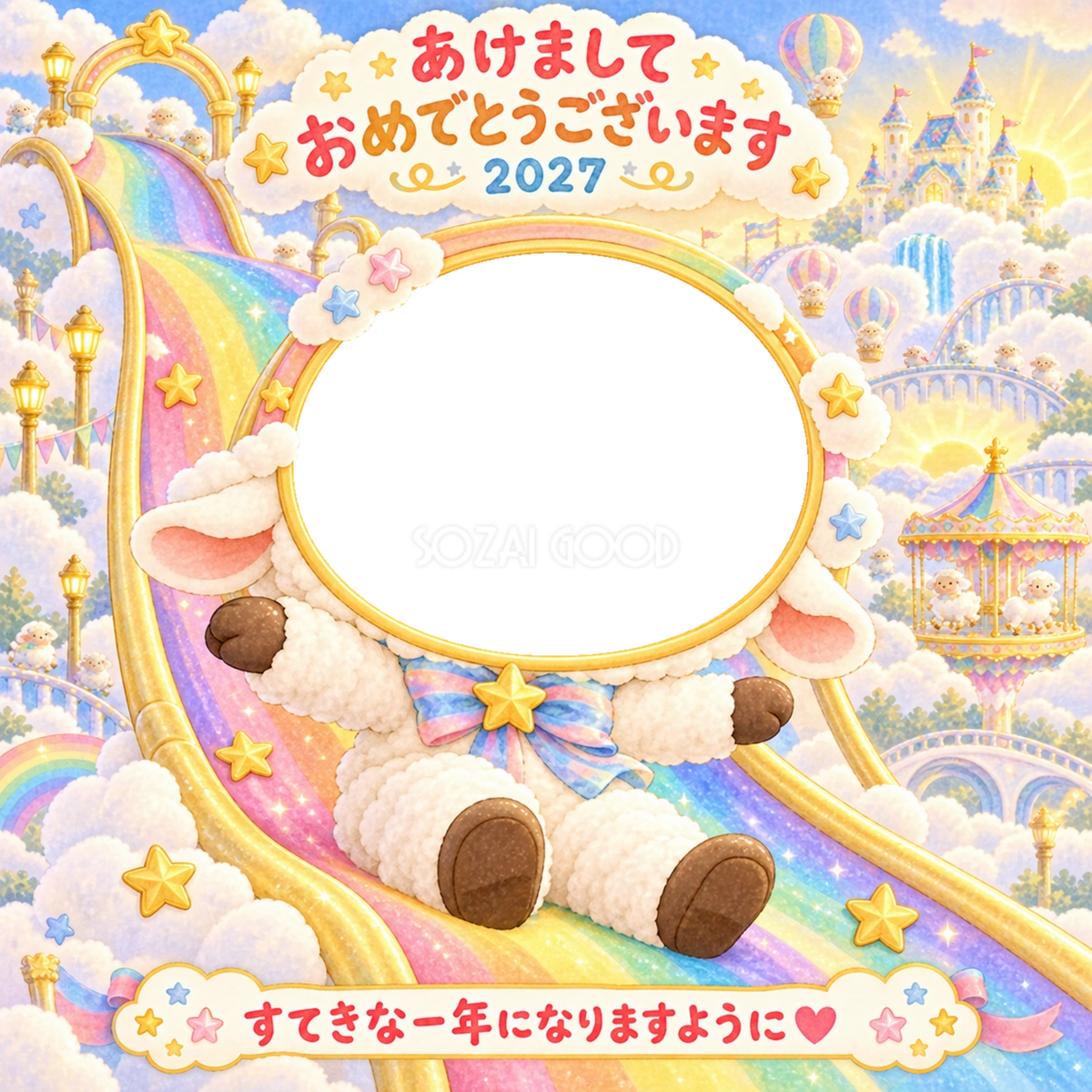 虹のすべり台の写真年賀状|2027未年・かわいい羊の無料イラスト 98510