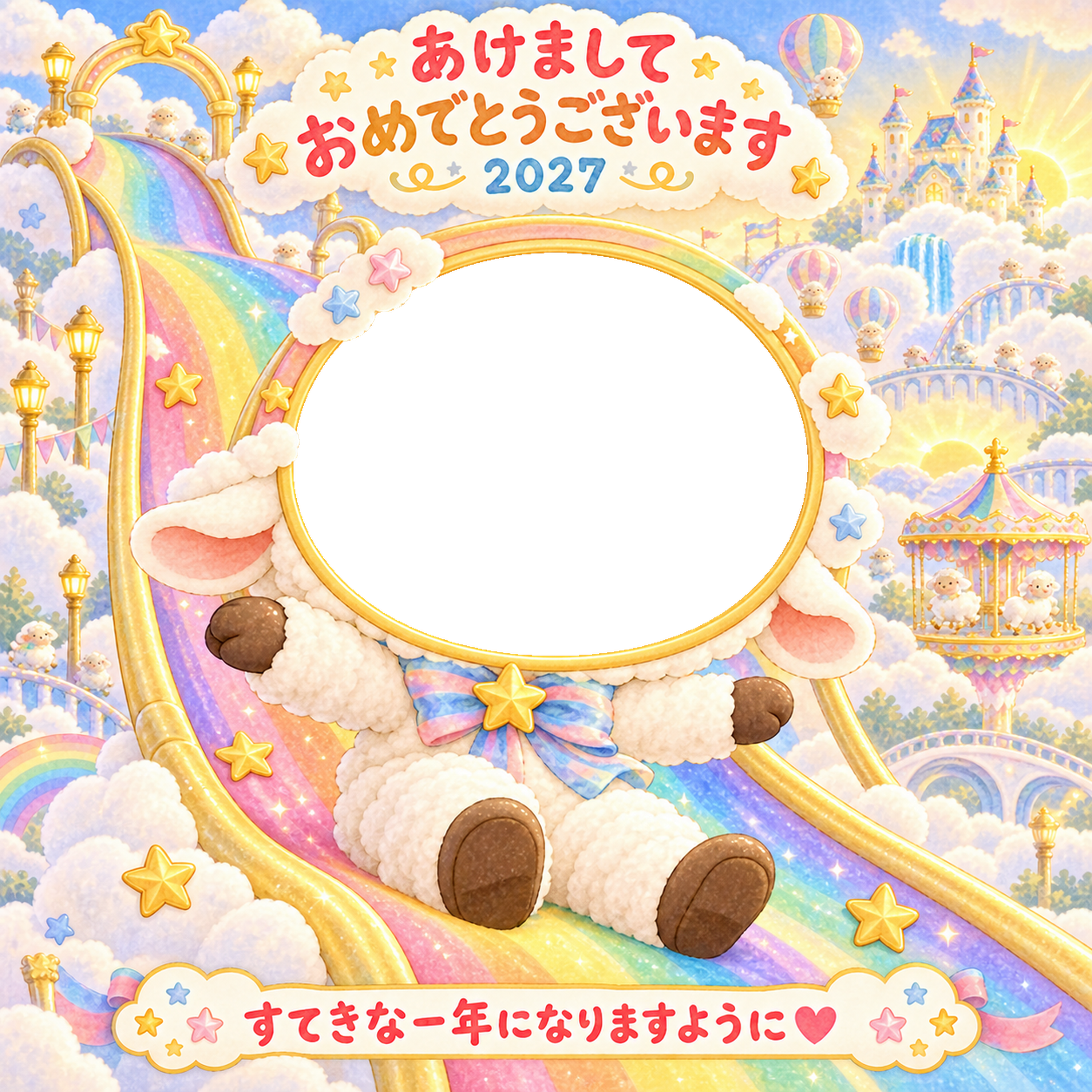 虹のすべり台の写真年賀状｜2027未年・かわいい羊の無料イラスト 98510に写真・文字を入れる