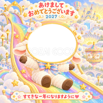 虹のすべり台の写真年賀状｜2027未年・かわいい羊の無料イラスト 98510