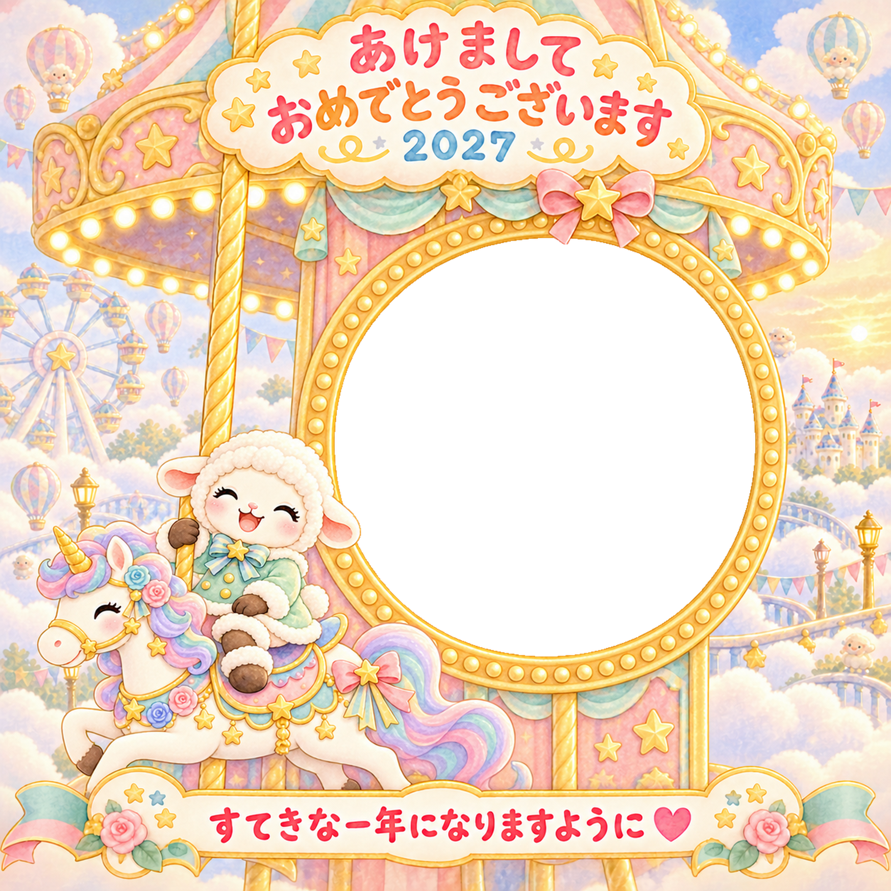 雲のメリーゴーラウンドの写真年賀状｜2027未年・かわいい羊の無料イラスト 98511に写真・文字を入れる