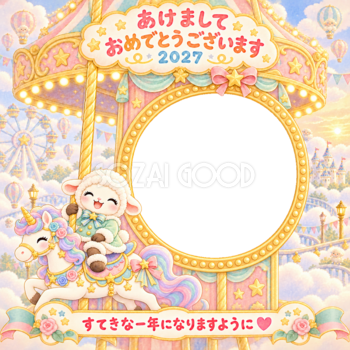 雲のメリーゴーラウンドの写真年賀状｜2027未年・かわいい羊の無料イラスト 98511
