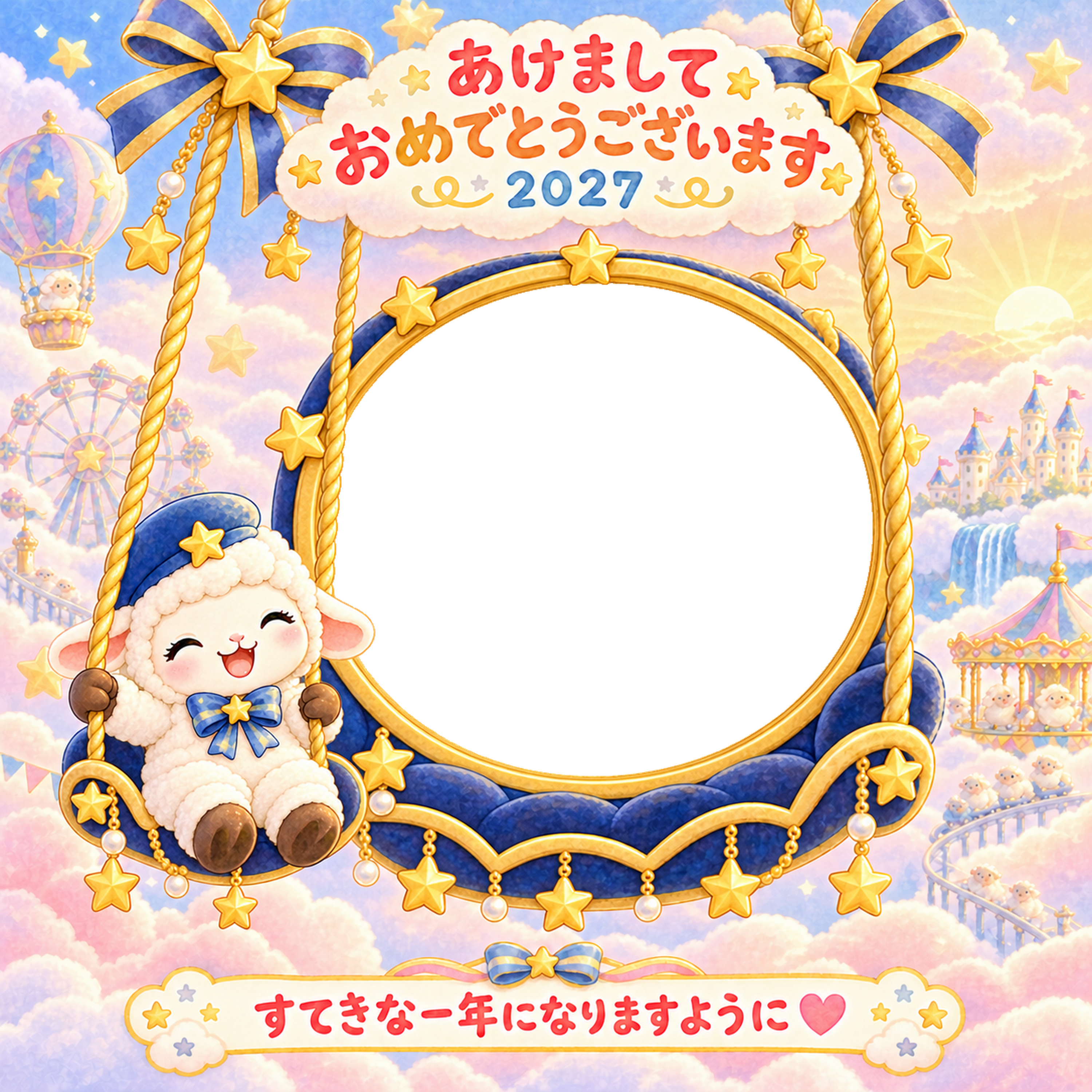 星のブランコの写真年賀状｜2027未年・かわいい羊の無料イラスト 98512に写真・文字を入れる