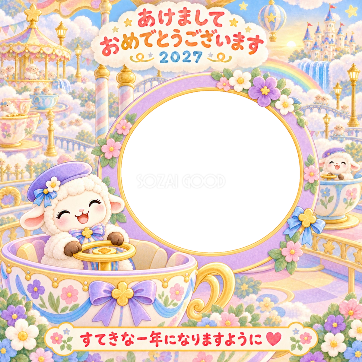 雲のティーカップの写真年賀状|2027未年・かわいい羊の無料イラスト 98513