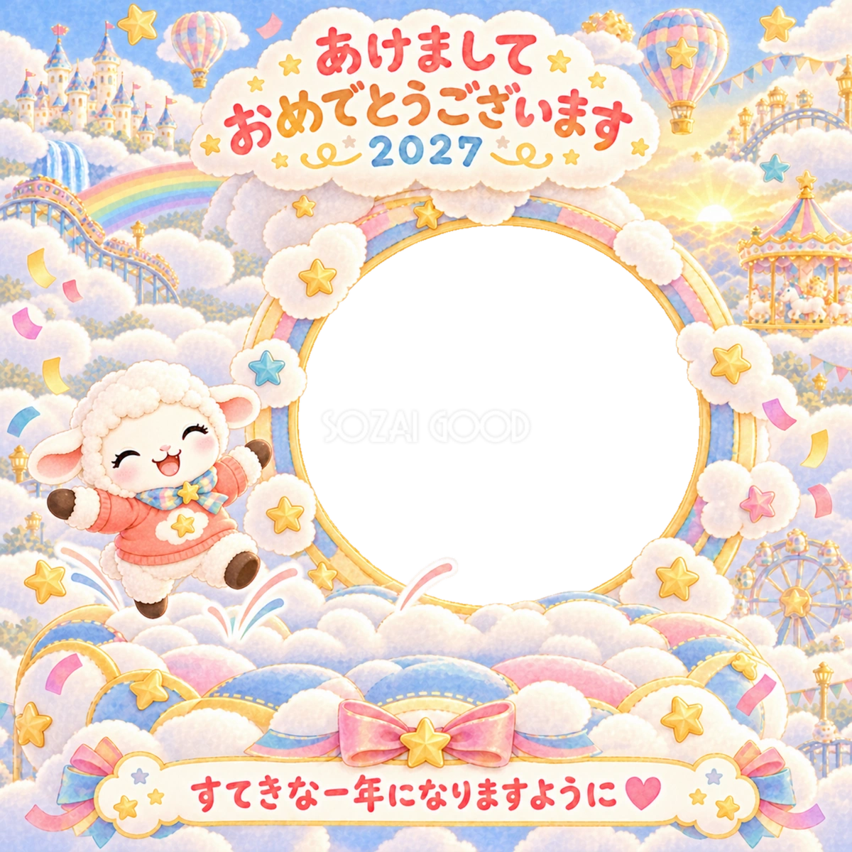 ふわふわトランポリンの写真年賀状|2027未年・かわいい羊の無料イラスト 98514
