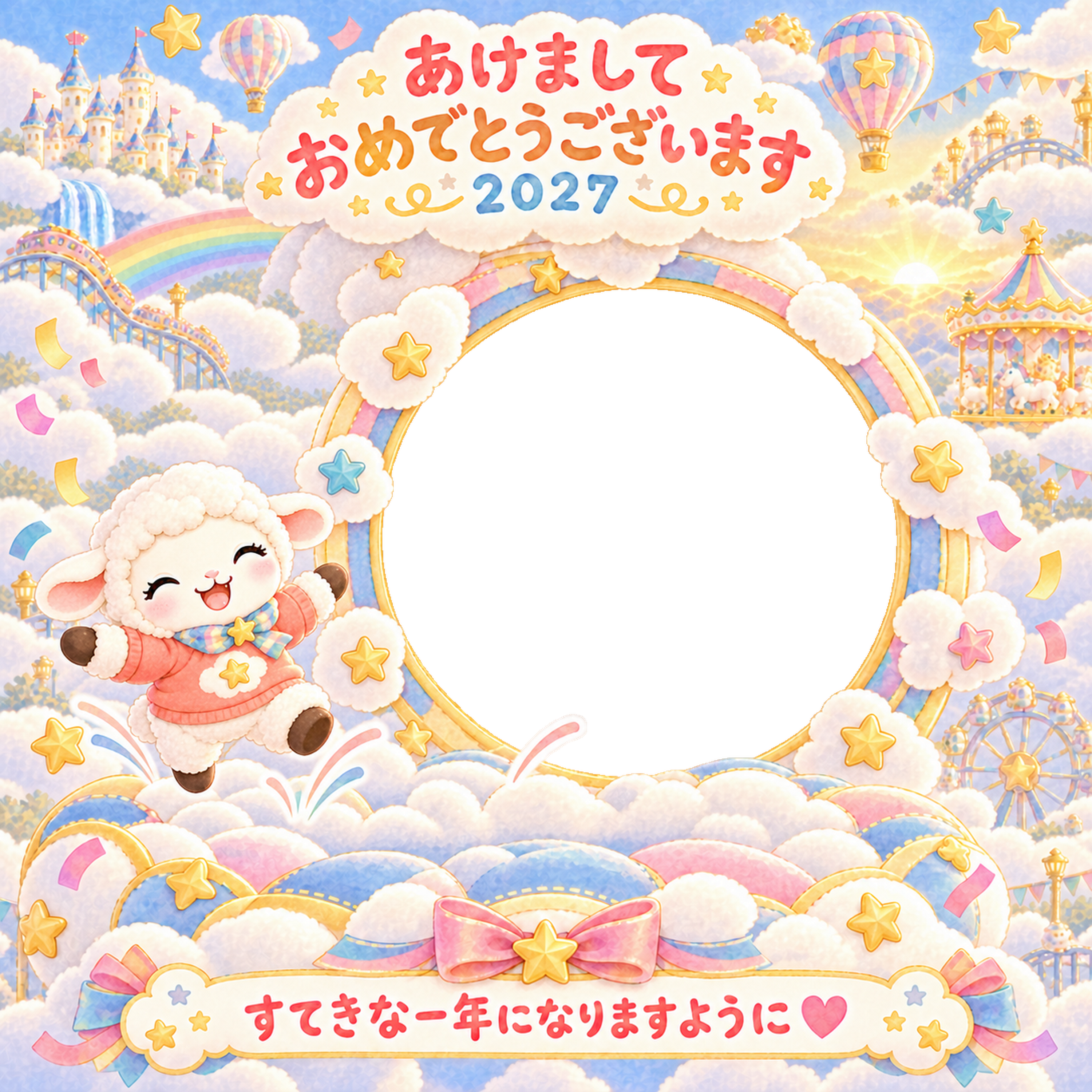 ふわふわトランポリンの写真年賀状｜2027未年・かわいい羊の無料イラスト 98514に写真・文字を入れる