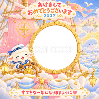 雲の船の冒険の写真年賀状｜2027未年・かわいい羊の無料イラスト 98516