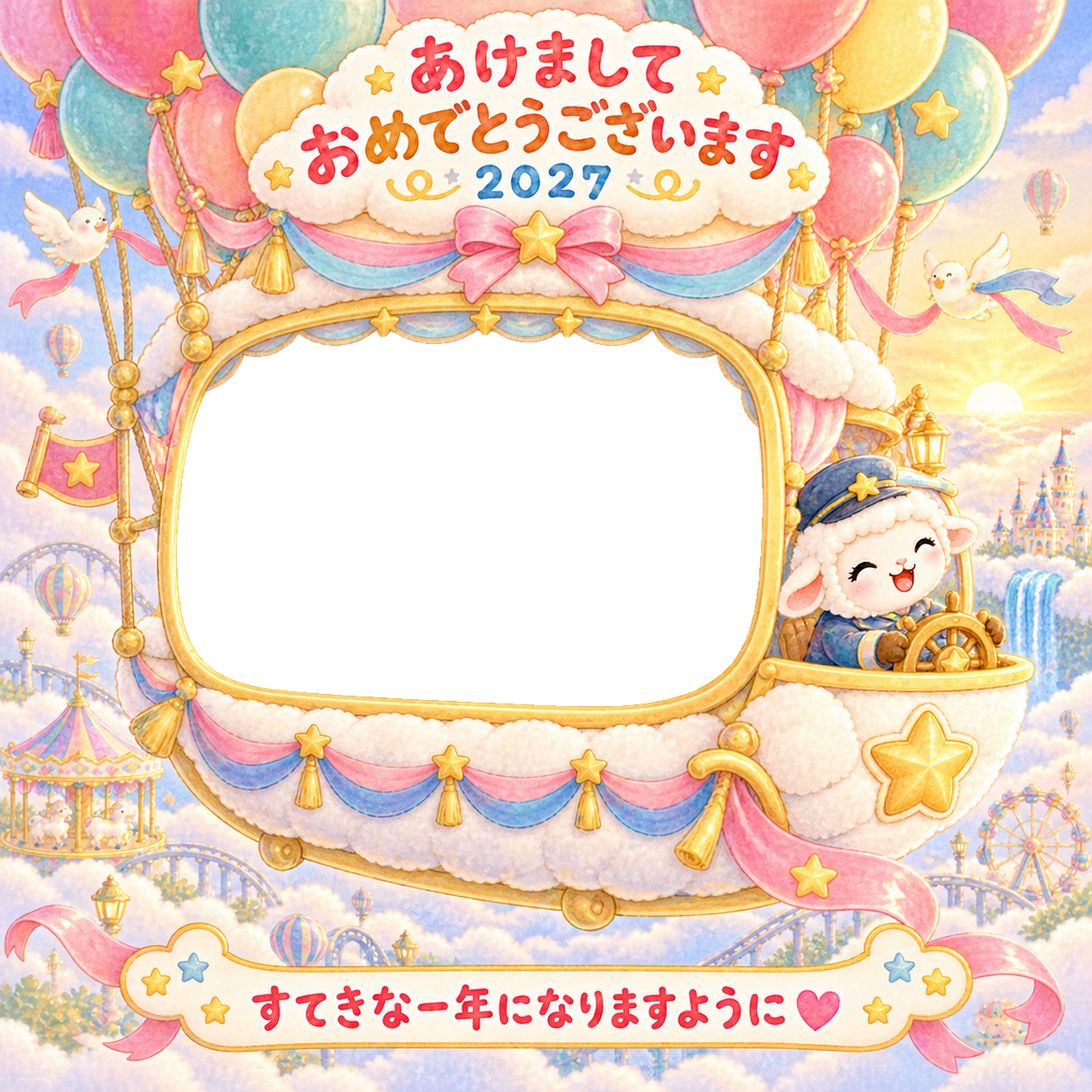 風船の空飛ぶゴンドラの写真年賀状｜2027未年・かわいい羊の無料イラスト 98517に写真・文字を入れる