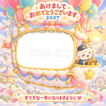 風船の空飛ぶゴンドラの写真年賀状｜2027未年・かわいい羊の無料イラスト 98517