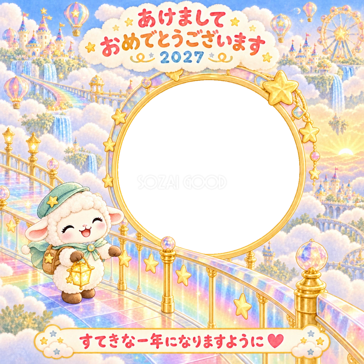 虹の橋の探検の写真年賀状|2027未年・かわいい羊の無料イラスト 98518