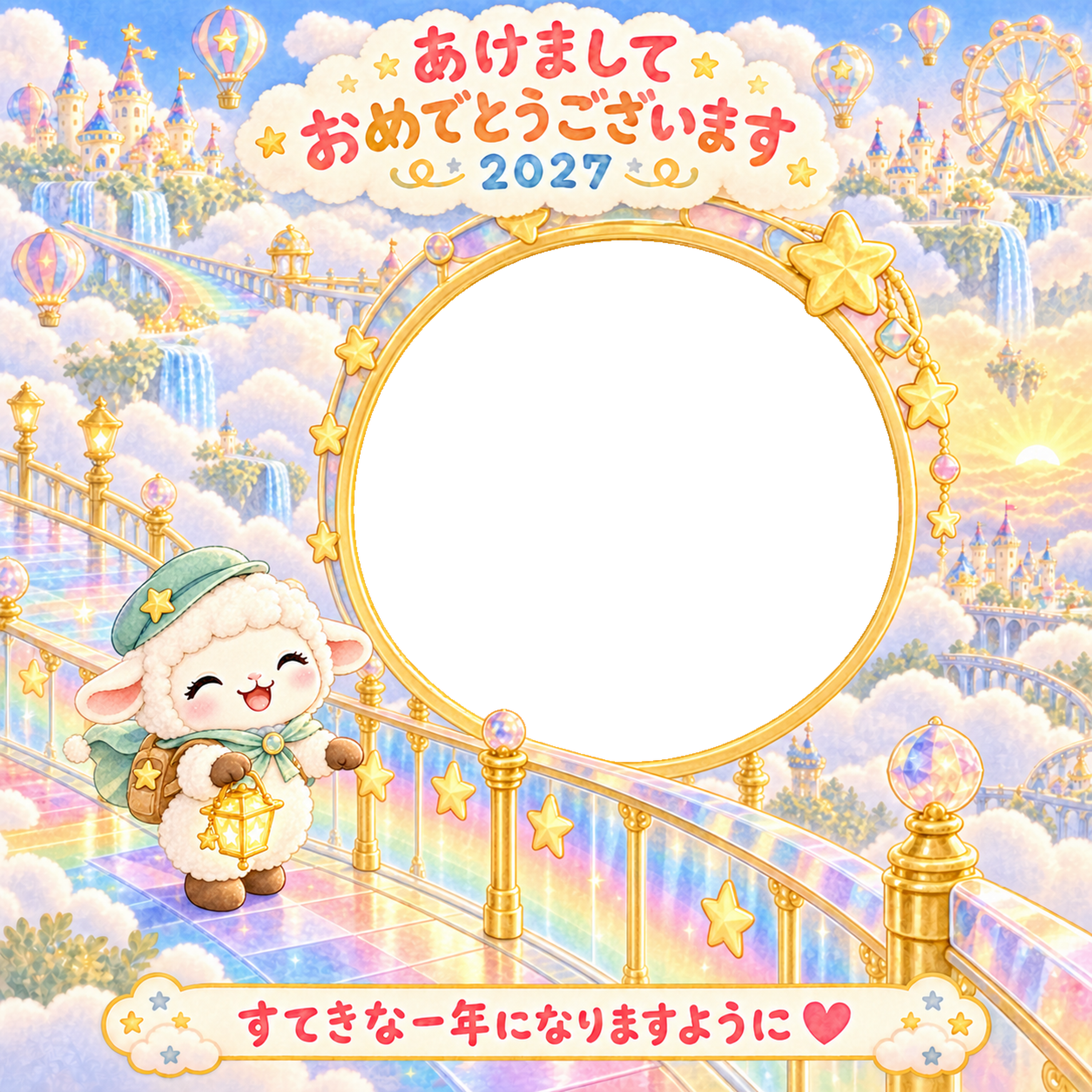 虹の橋の探検の写真年賀状｜2027未年・かわいい羊の無料イラスト 98518に写真・文字を入れる