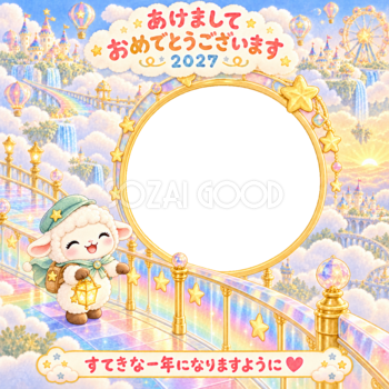 虹の橋の探検の写真年賀状｜2027未年・かわいい羊の無料イラスト 98518