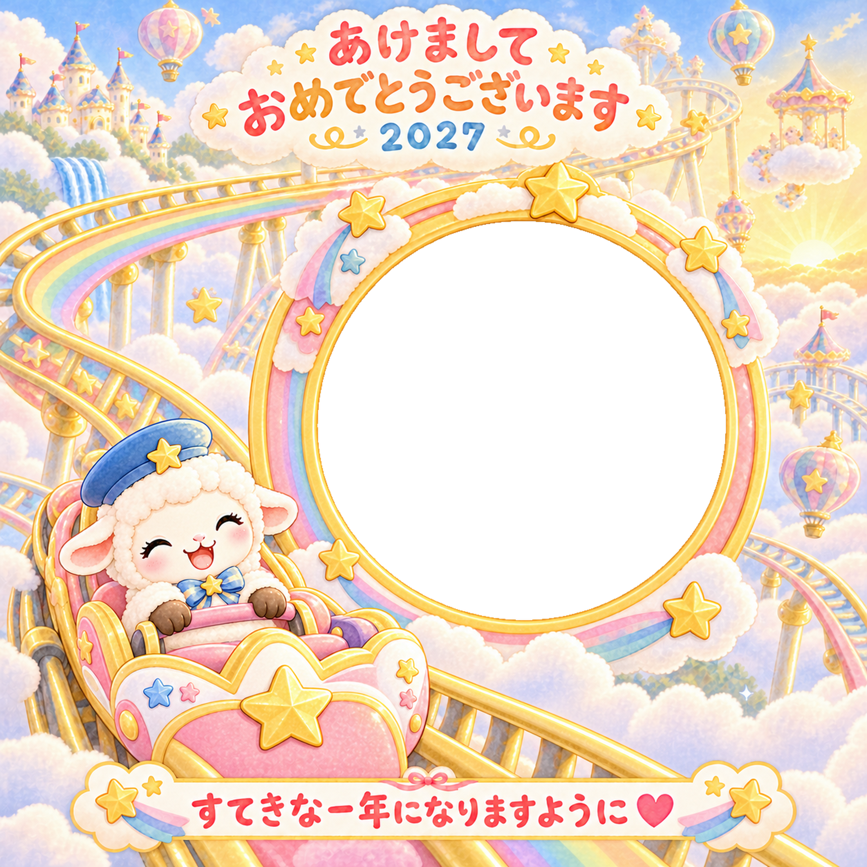 星のジェットコースターの写真年賀状｜2027未年・かわいい羊の無料イラスト 98519に写真・文字を入れる