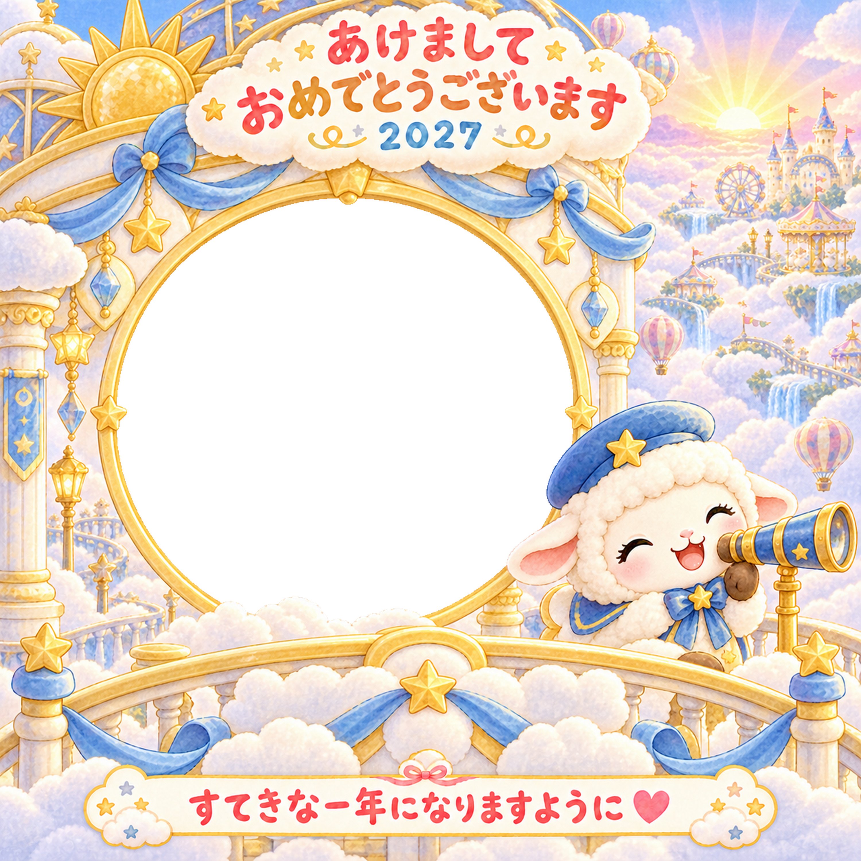 雲の展望台の写真年賀状｜2027未年・かわいい羊の無料イラスト 98520に写真・文字を入れる