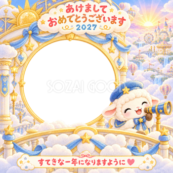 雲の展望台の写真年賀状｜2027未年・かわいい羊の無料イラスト 98520